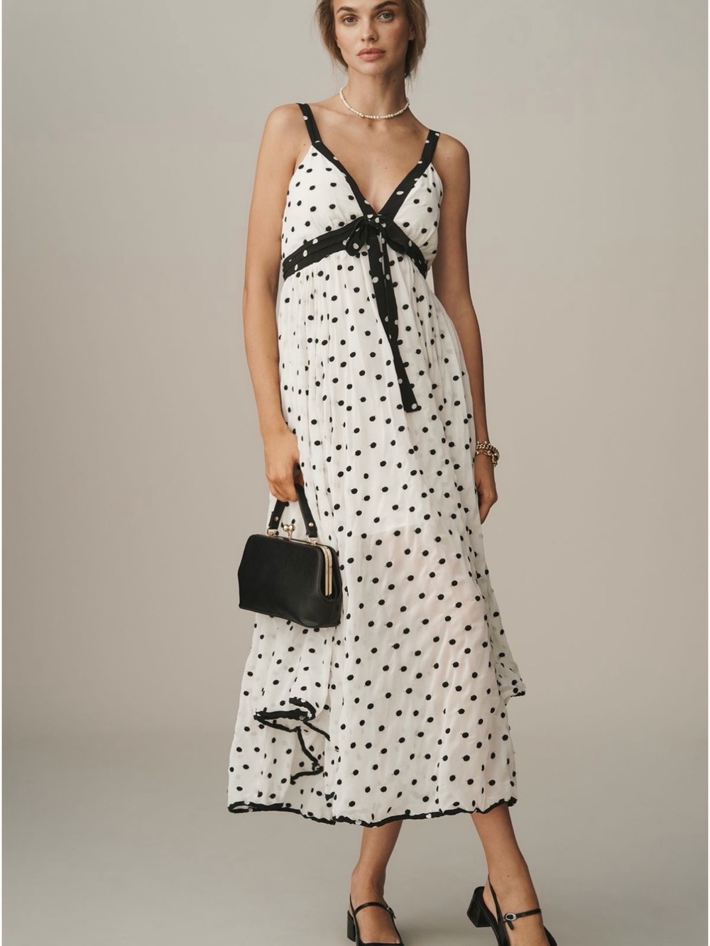 Maeve White Polka Dot Maxi Dress with Black Trim